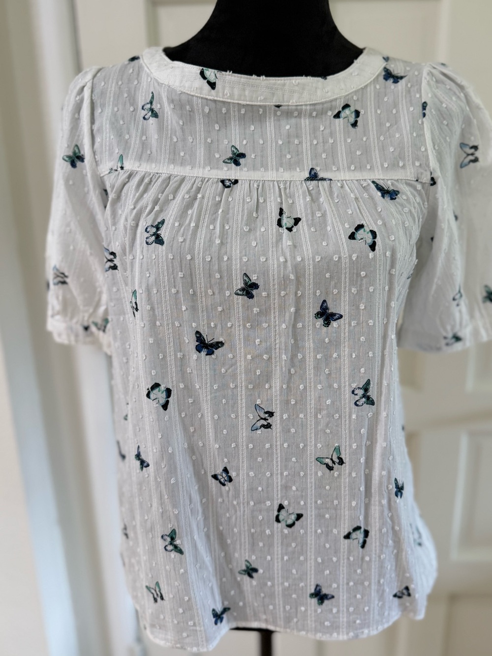 Jane and Delancey White Butterfly Swiss Dot Cotton Blouse Size Small